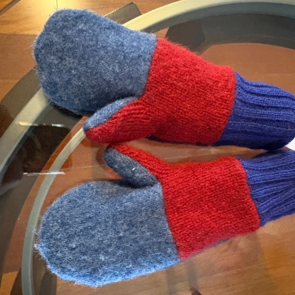 Children’s mittens, wool sweater  outer, fleece inner
